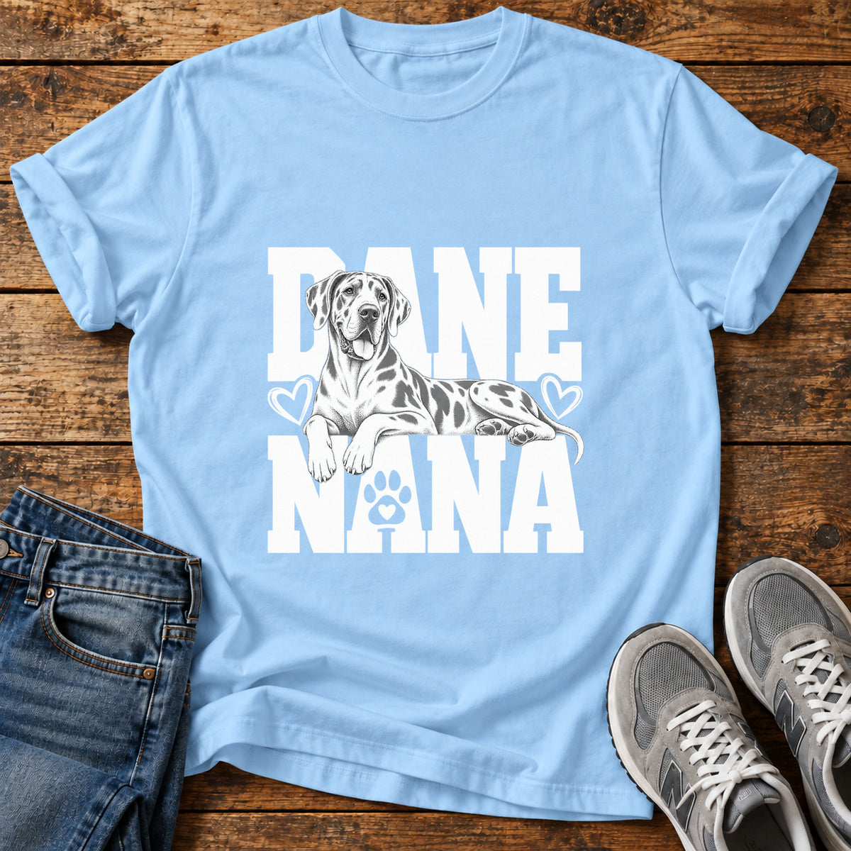 Dane Nana Great Dane graphic T-shirt in Light Blue, shown on a flat-lay shirt mockup