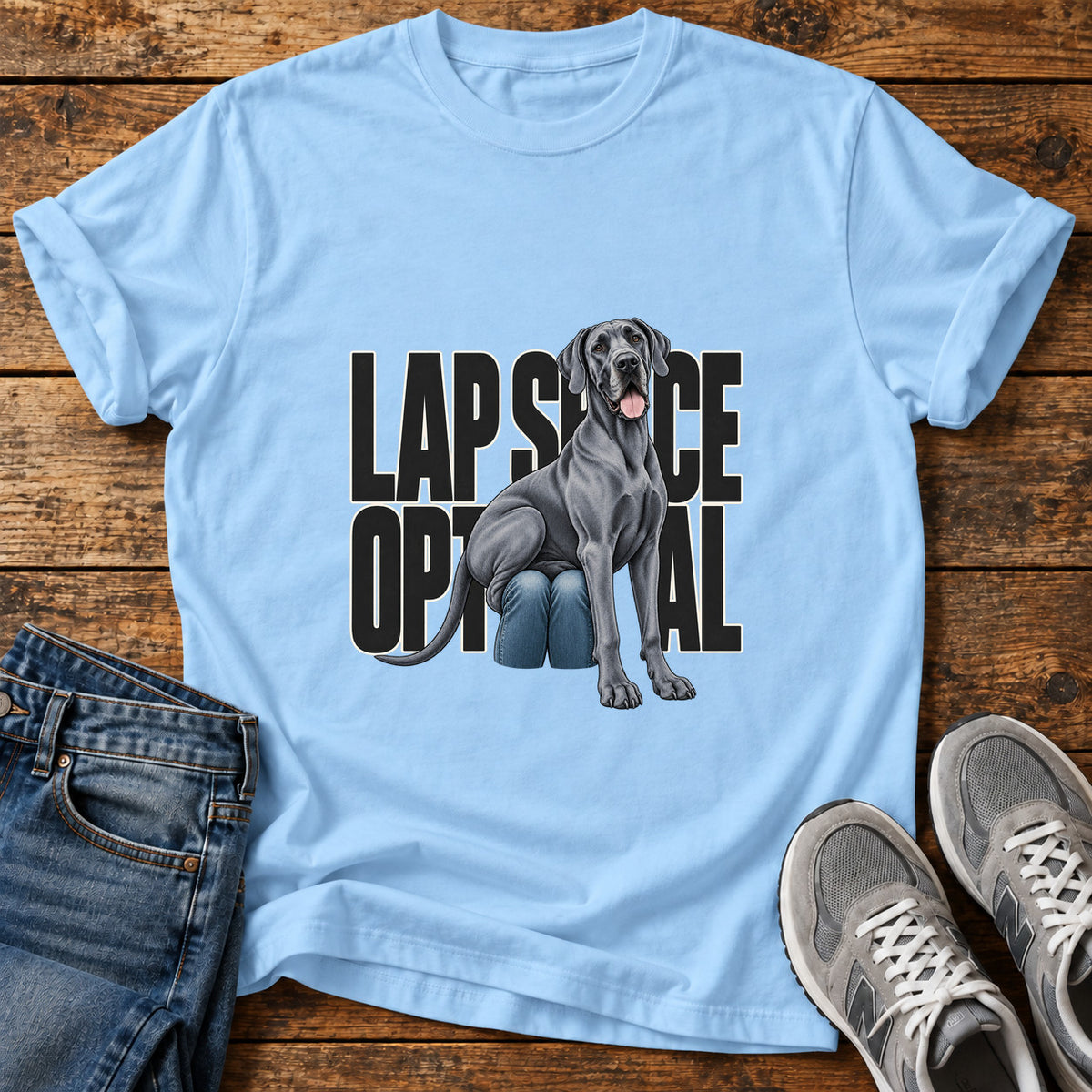 Lap Space Optional Great Dane graphic T-shirt in Light Blue, shown on a flat-lay shirt mockup