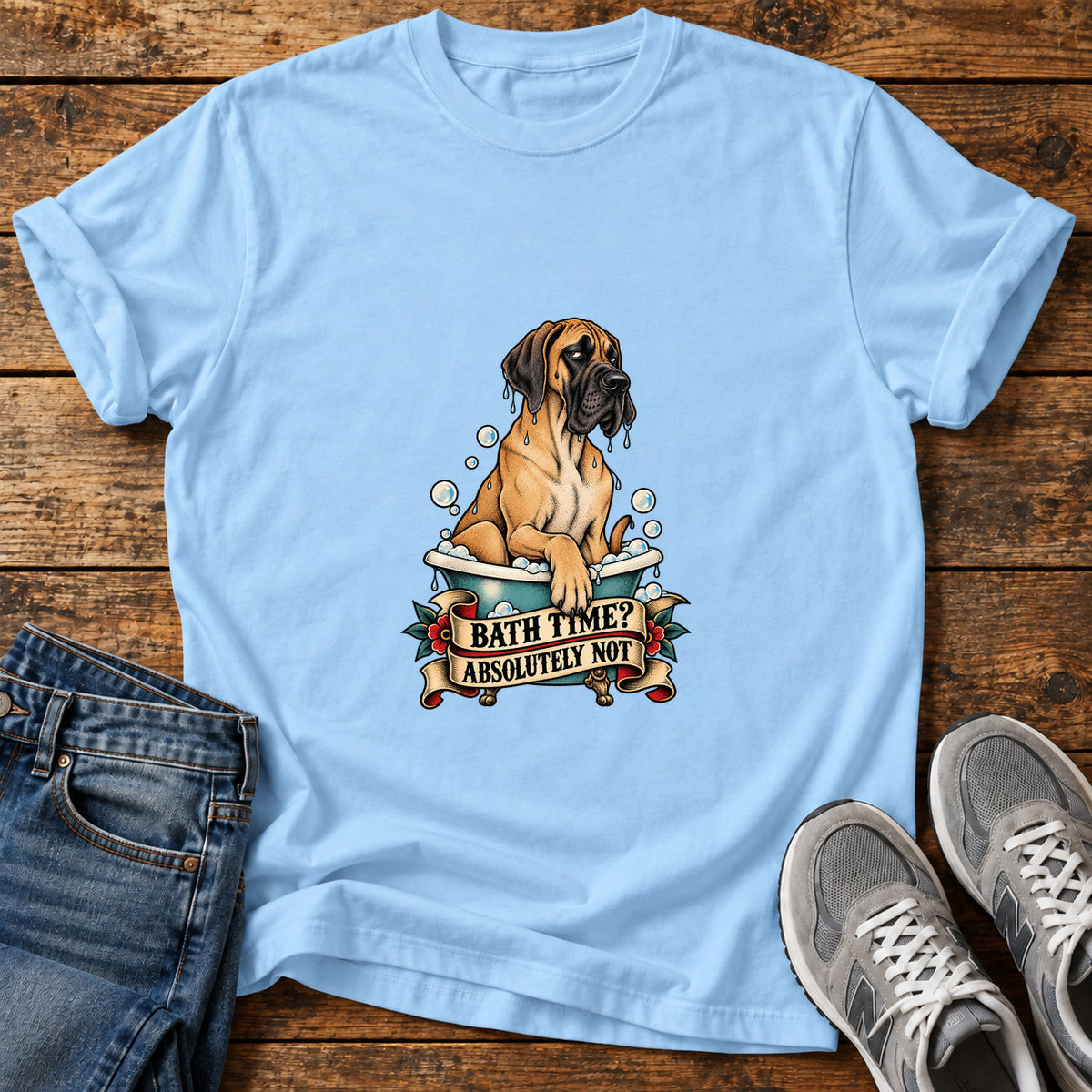 Bath Time Nope Great Dane graphic T-shirt in Light Blue, shown on a flat-lay shirt mockup