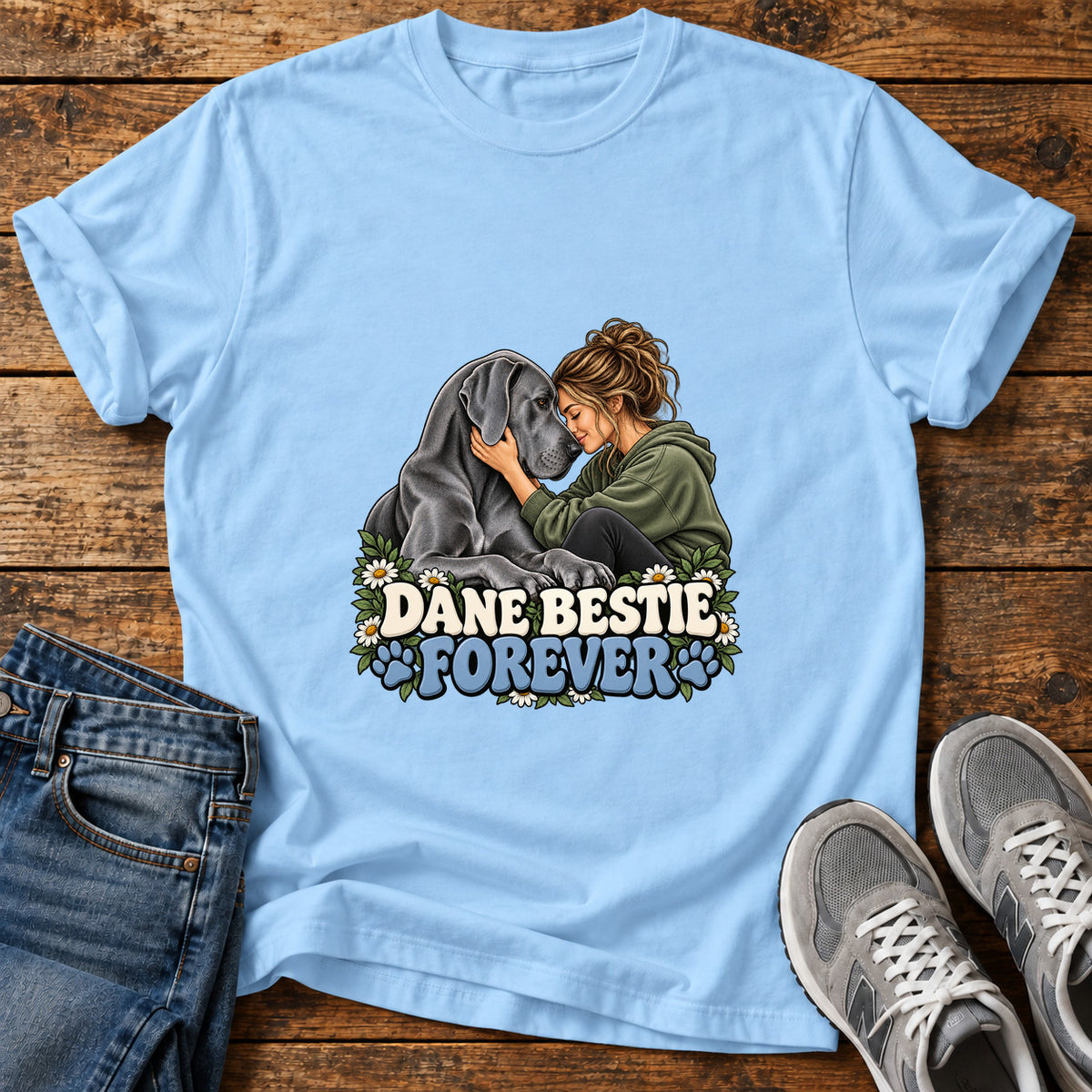 Dane Bestie Forever Great Dane graphic T-shirt in Light Blue, shown on a flat-lay shirt mockup