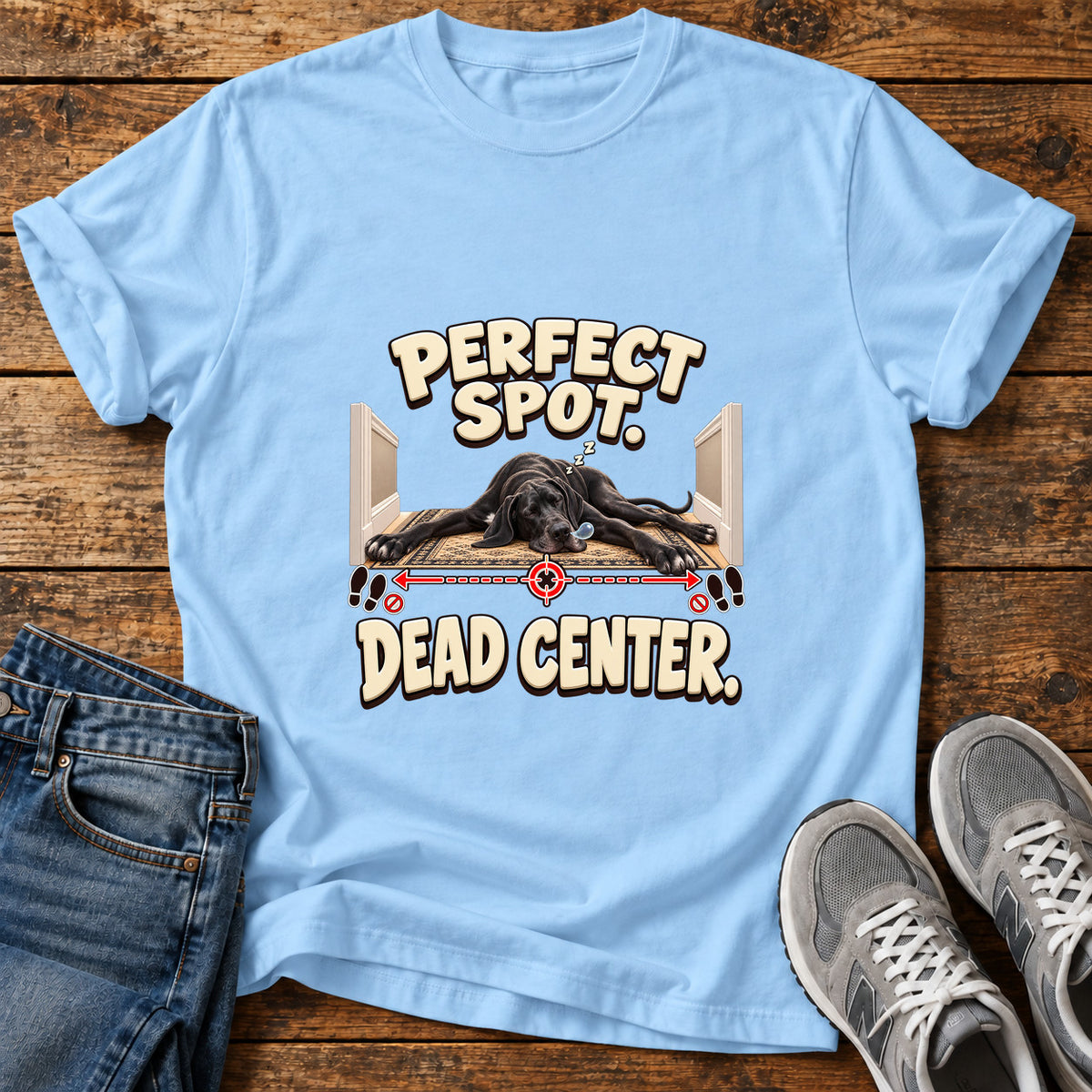 Perfect Spot Great Dane graphic T-shirt in Light Blue, shown on a flat-lay shirt mockup