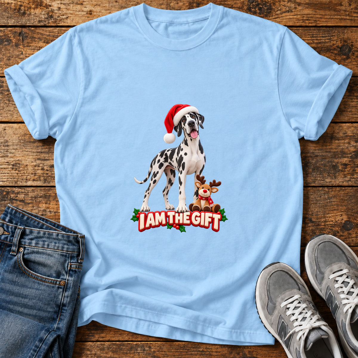 I Am The Great Dane graphic T-shirt in Light Blue, shown on a flat-lay shirt mockup
