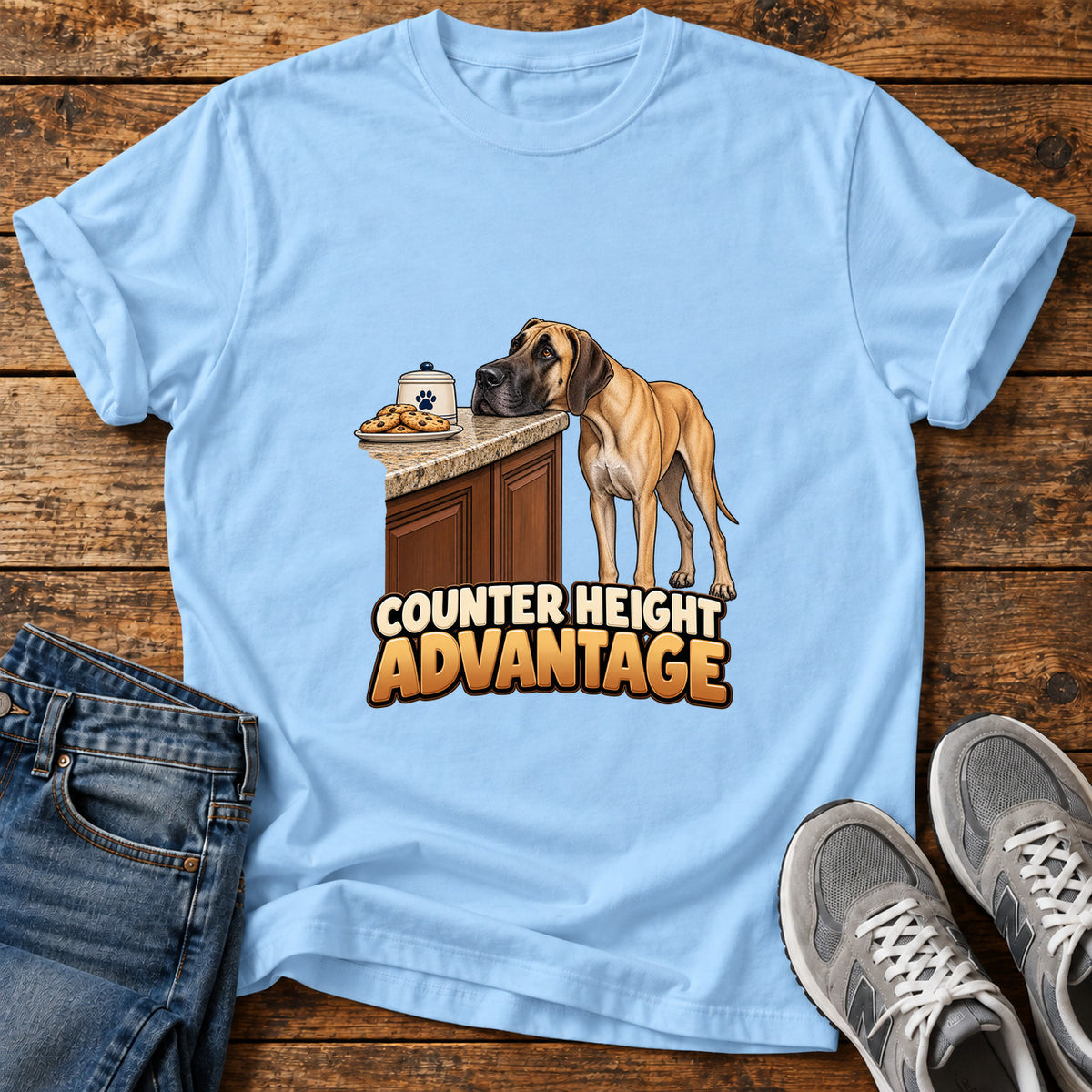 Counter Height Advantage Great Dane graphic T-shirt in Light Blue, shown on a flat-lay shirt mockup