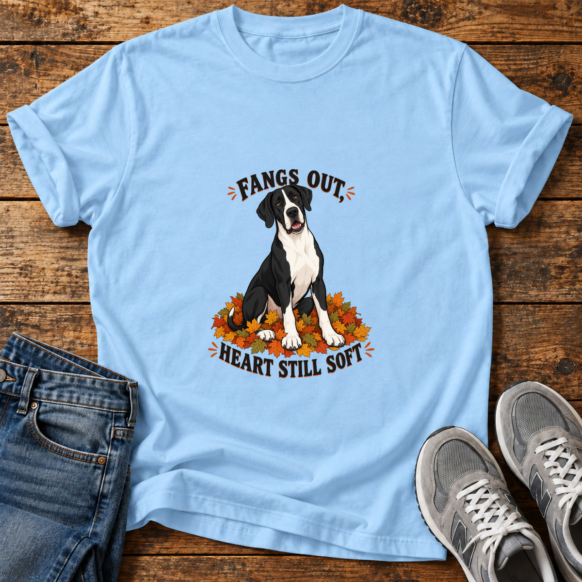 Fangs Out Heart Great Dane graphic T-shirt in Light Blue, shown on a flat-lay shirt mockup