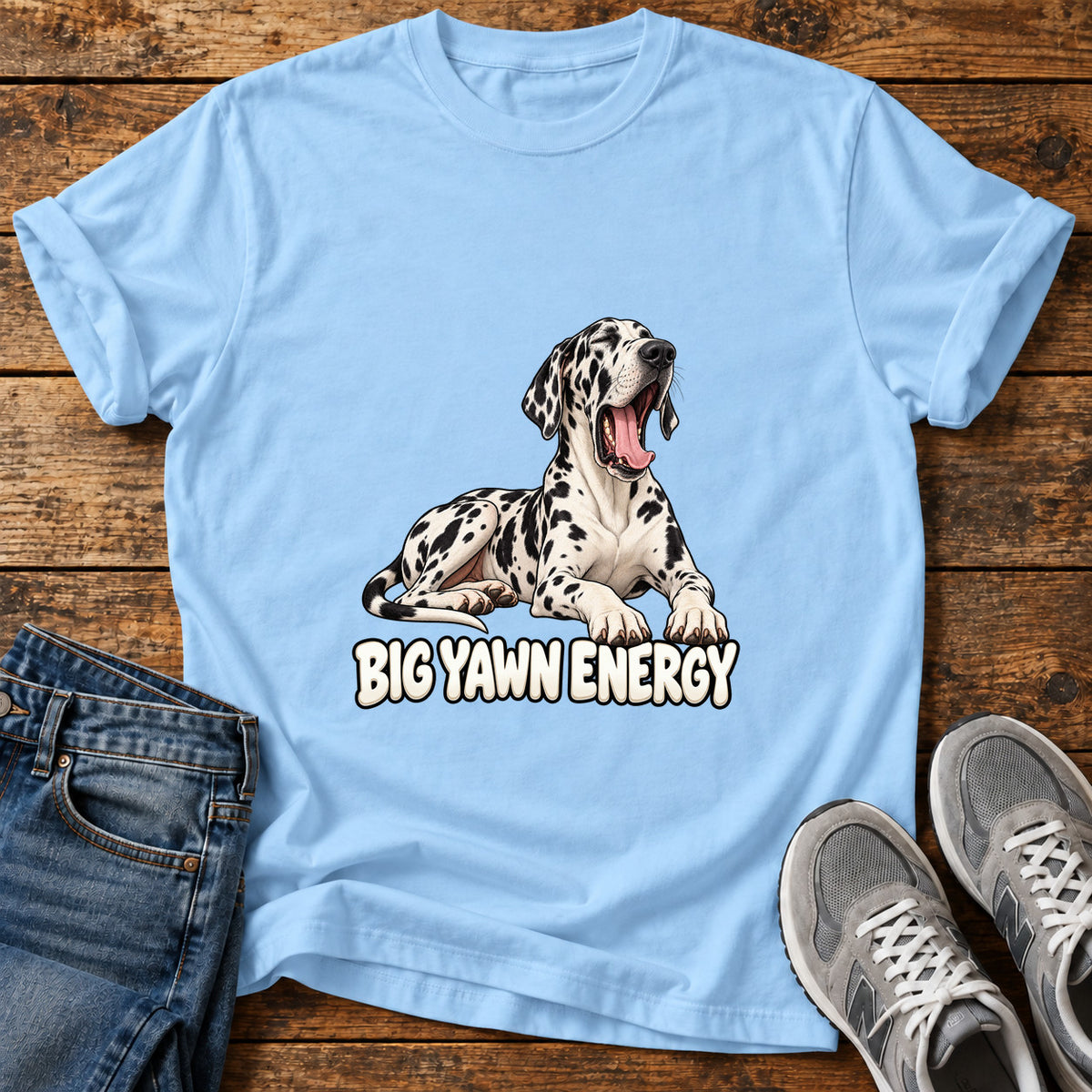 Big Yawn Energy Great Dane graphic T-shirt in Light Blue, shown on a flat-lay shirt mockup