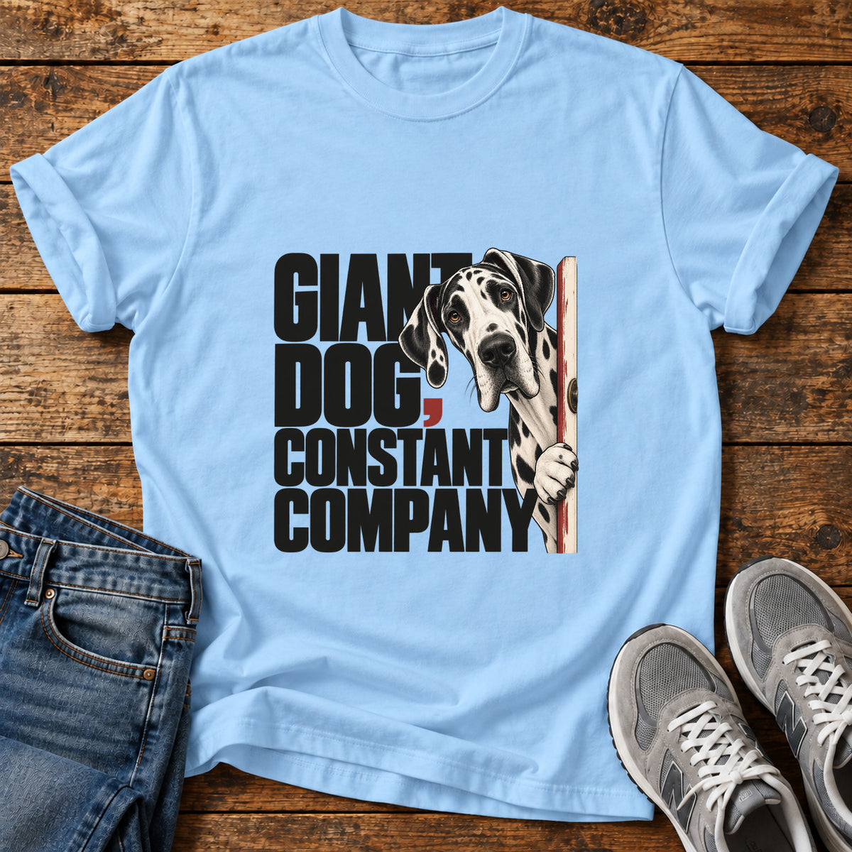 Giant Dog Company Great Dane graphic T-shirt in Light Blue, shown on a flat-lay shirt mockup