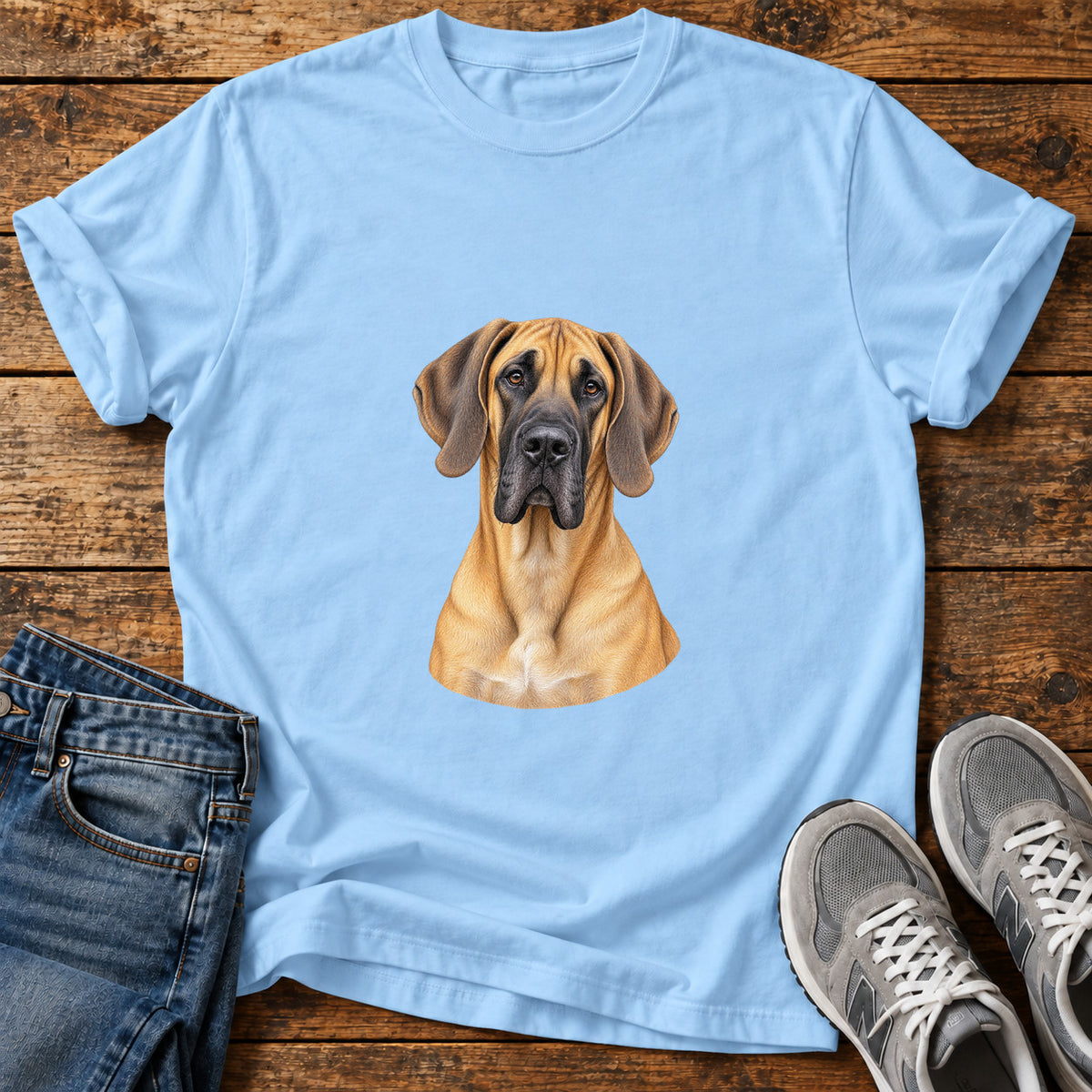 Majestic Dane Great Dane graphic T-shirt in Light Blue, shown on a flat-lay shirt mockup