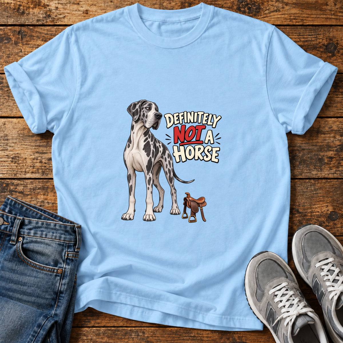 Not A Horse Great Dane graphic T-shirt in Light Blue, shown on a flat-lay shirt mockup