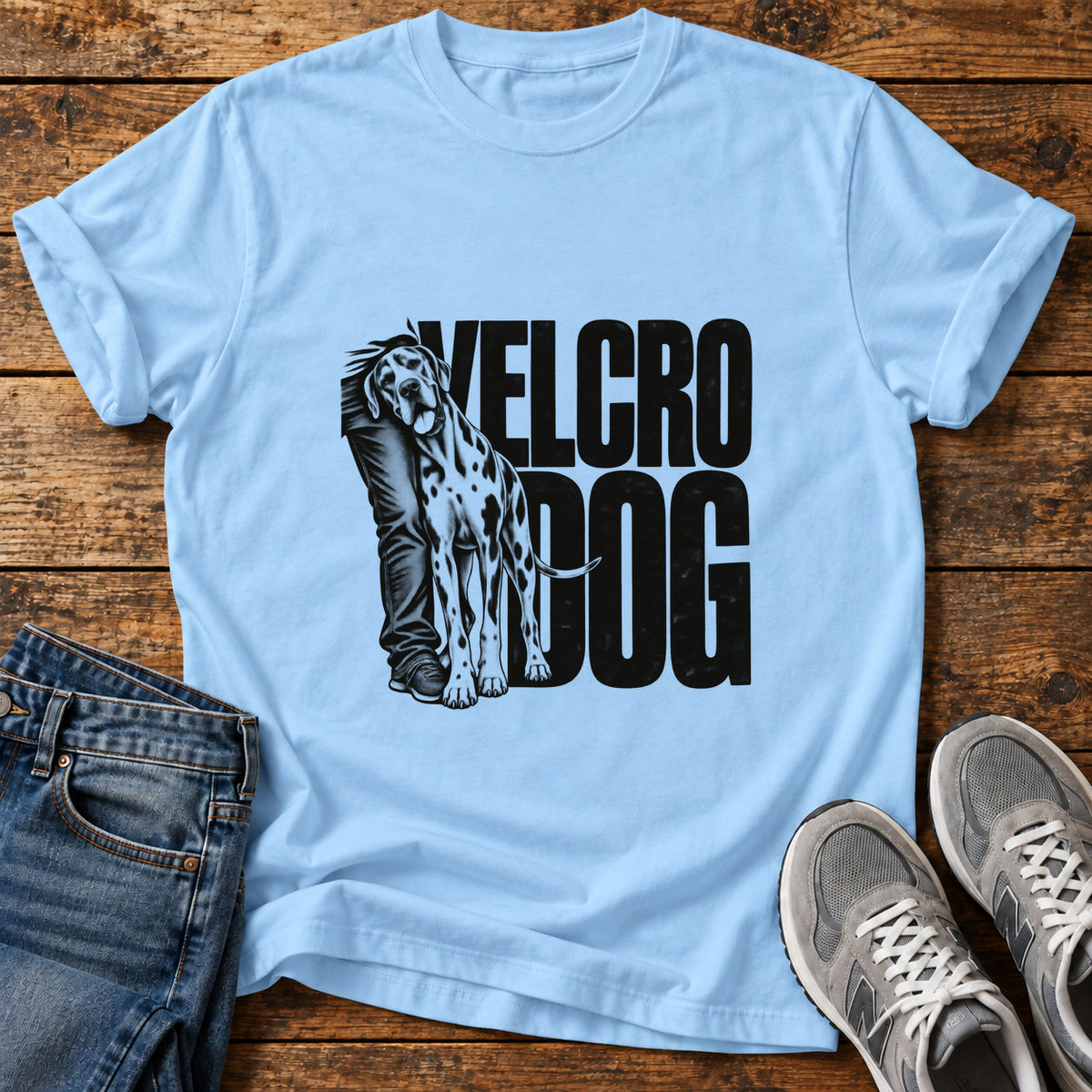 Velcro Dog Great Dane graphic T-shirt in Light Blue, shown on a flat-lay shirt mockup
