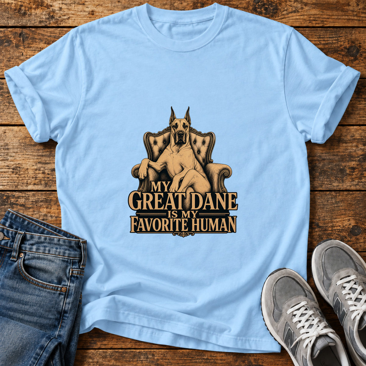 Great Dane Favorite graphic T-shirt in Light Blue, shown on a flat-lay shirt mockup