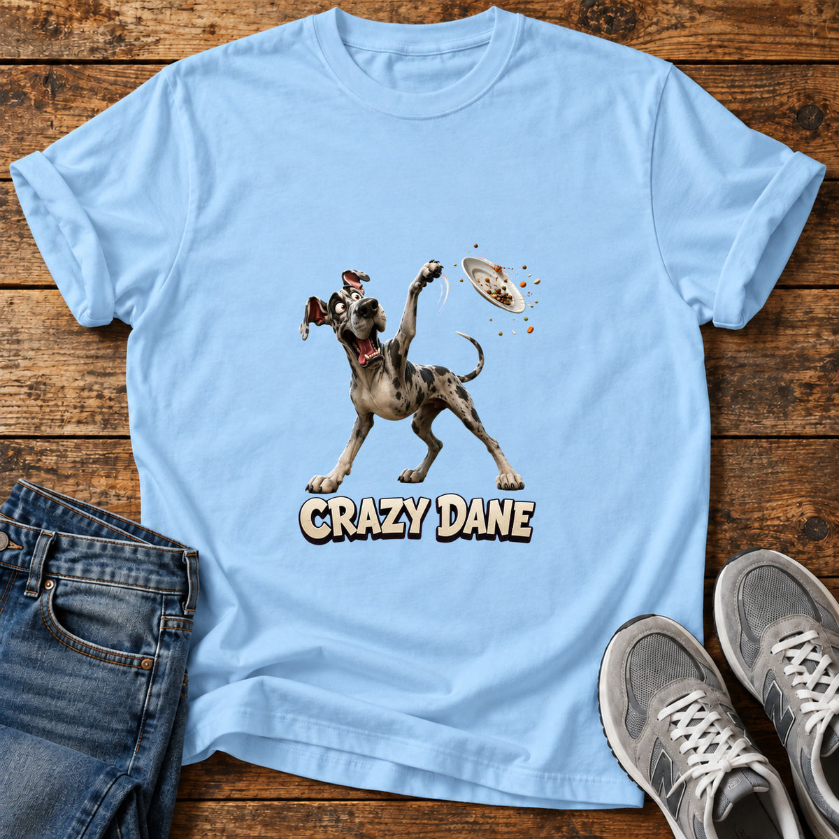 Crazy Dane Great Dane graphic T-shirt in Light Blue, shown on a flat-lay shirt mockup