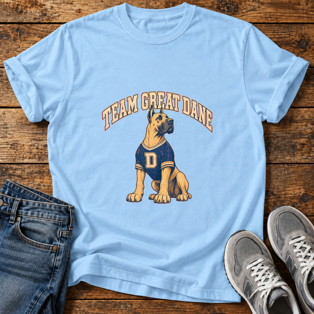 Team Great Dane graphic T-shirt in Light Blue, shown on a flat-lay shirt mockup