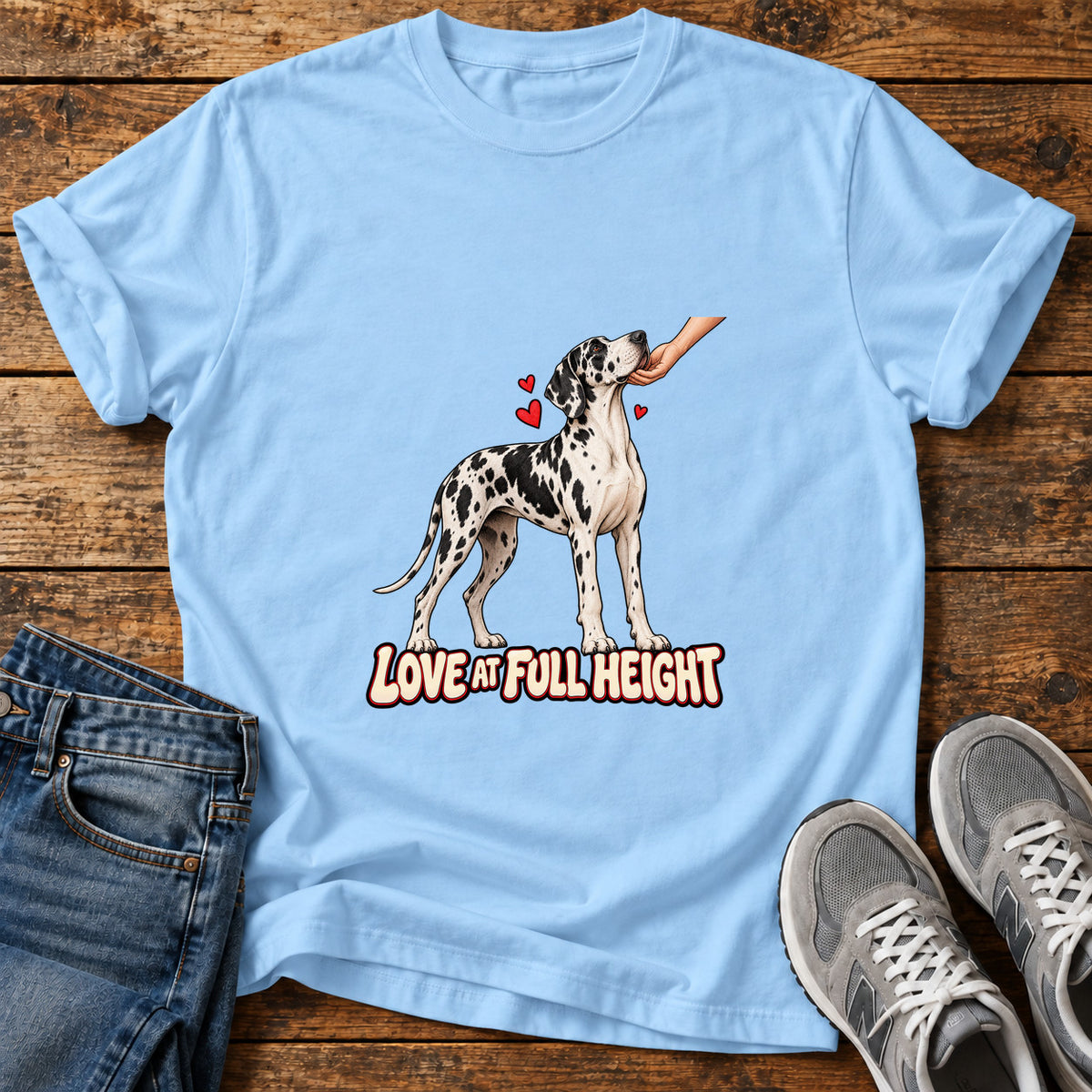 Love At Full Great Dane graphic T-shirt in Light Blue, shown on a flat-lay shirt mockup