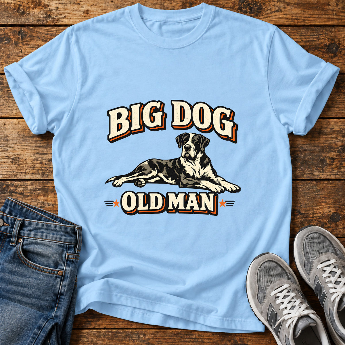 Big Dog Charm Great Dane graphic T-shirt in Light Blue, shown on a flat-lay shirt mockup
