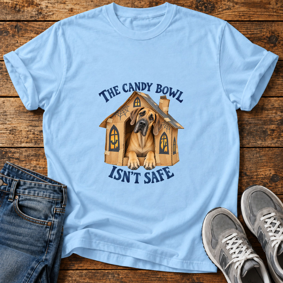 Candy Bowl Guard Great Dane graphic T-shirt in Light Blue, shown on a flat-lay shirt mockup