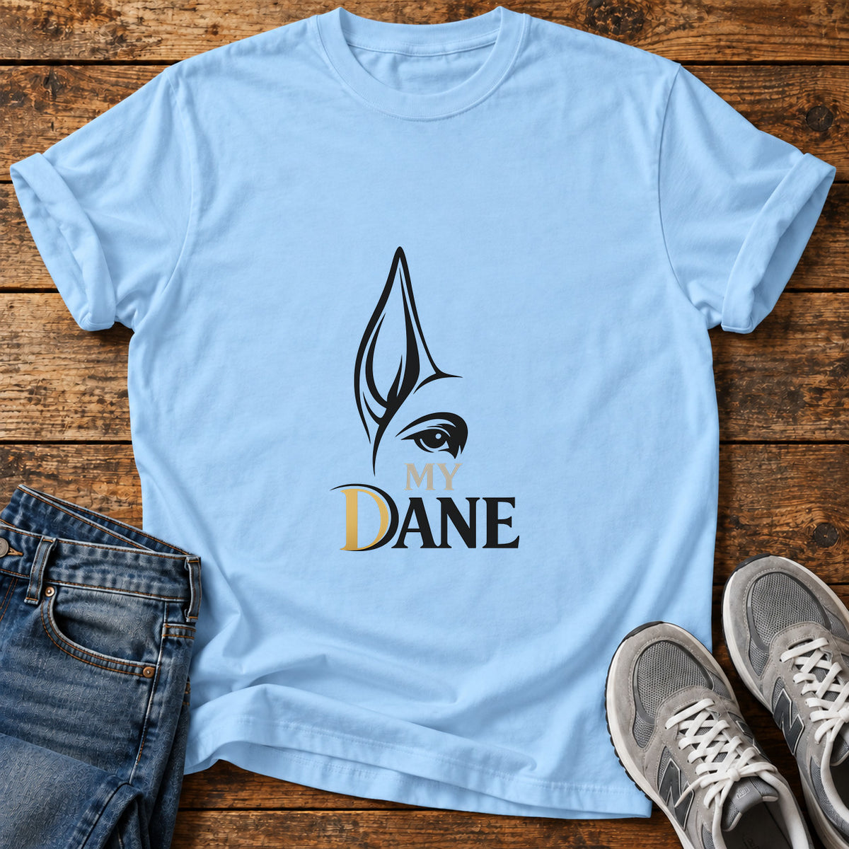My Dane Great Dane graphic T-shirt in Light Blue, shown on a flat-lay shirt mockup