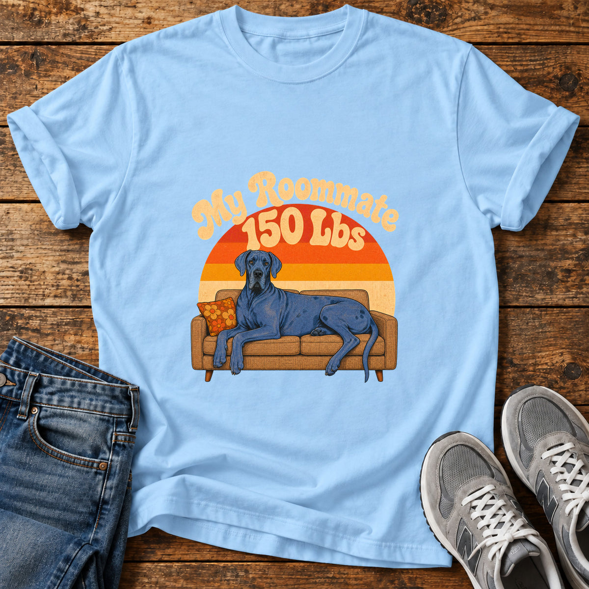 My Roommate Great Dane graphic T-shirt in Light Blue, shown on a flat-lay shirt mockup