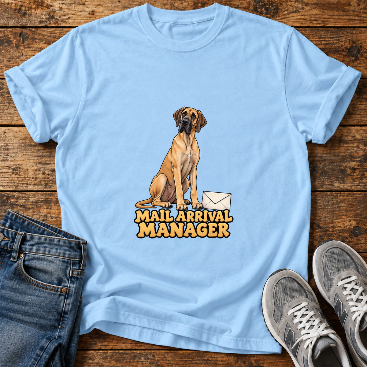 Mail Arrival Manager Great Dane graphic T-shirt in Light Blue, shown on a flat-lay shirt mockup