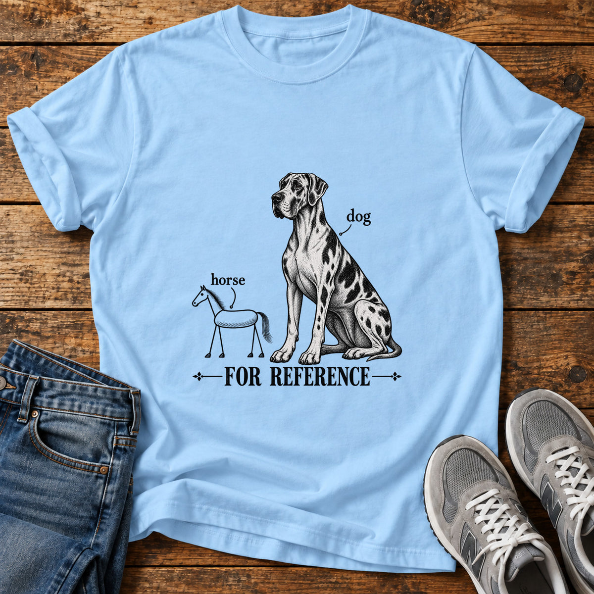 For Reference Great Dane graphic T-shirt in Light Blue, shown on a flat-lay shirt mockup