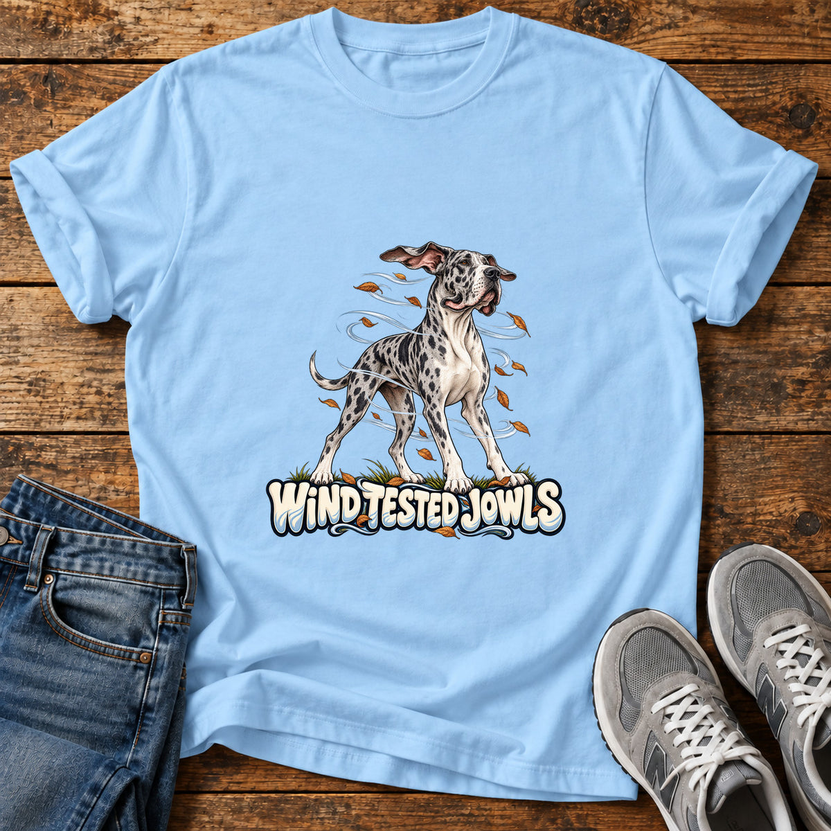 Wind Tested Jowls Great Dane graphic T-shirt in Light Blue, shown on a flat-lay shirt mockup