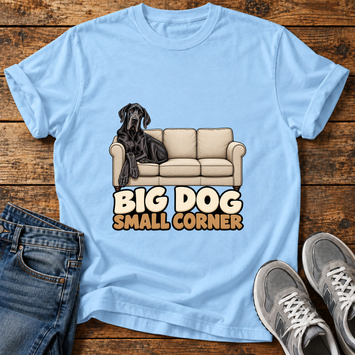 Big Dog Corner Great Dane graphic T-shirt in Light Blue, shown on a flat-lay shirt mockup