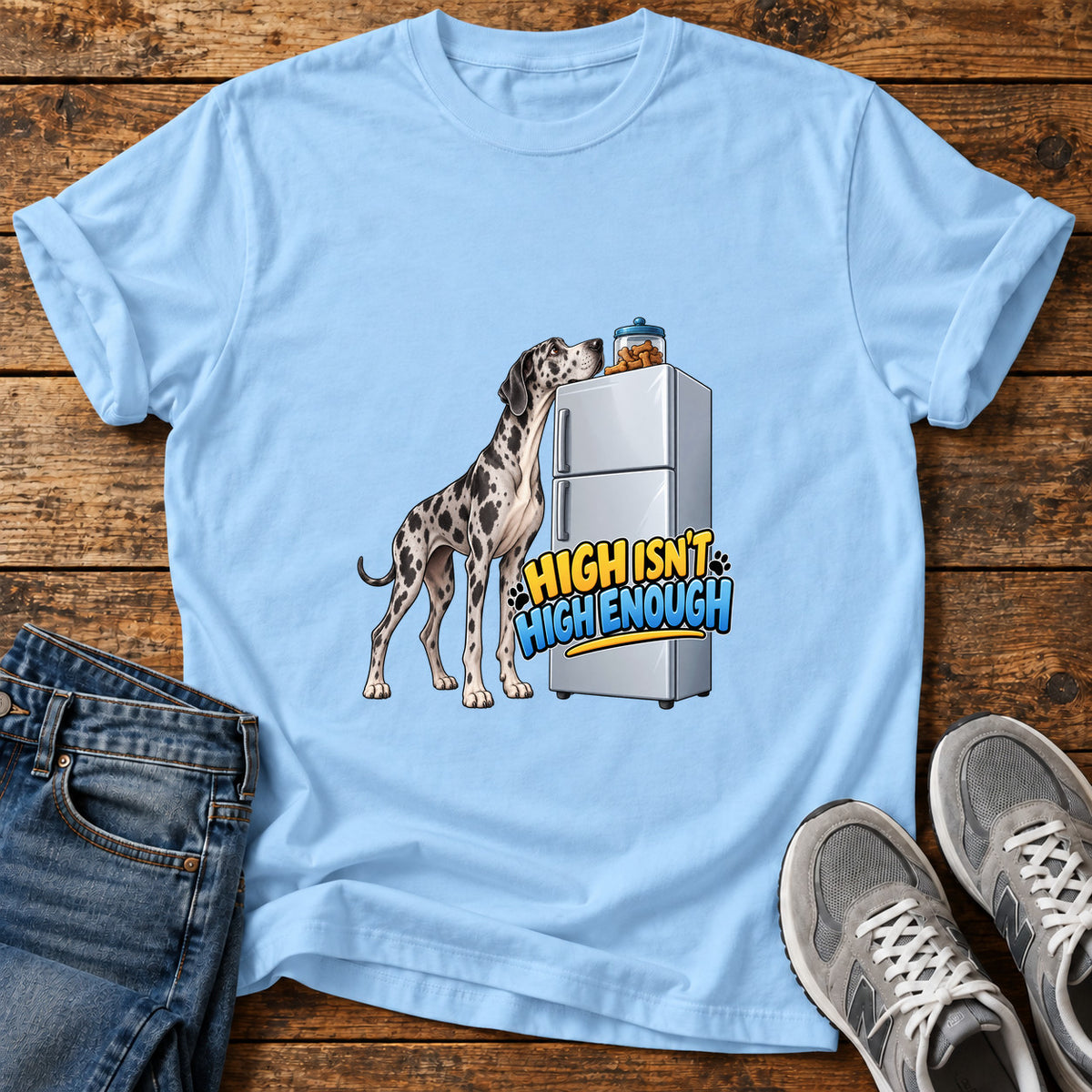 High Isn't Enough Great Dane graphic T-shirt in Light Blue, shown on a flat-lay shirt mockup