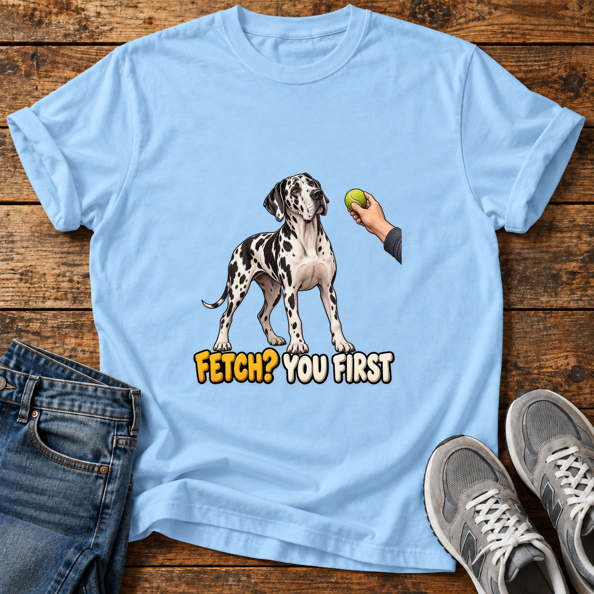 Fetch You First Great Dane graphic T-shirt in Light Blue, shown on a flat-lay shirt mockup
