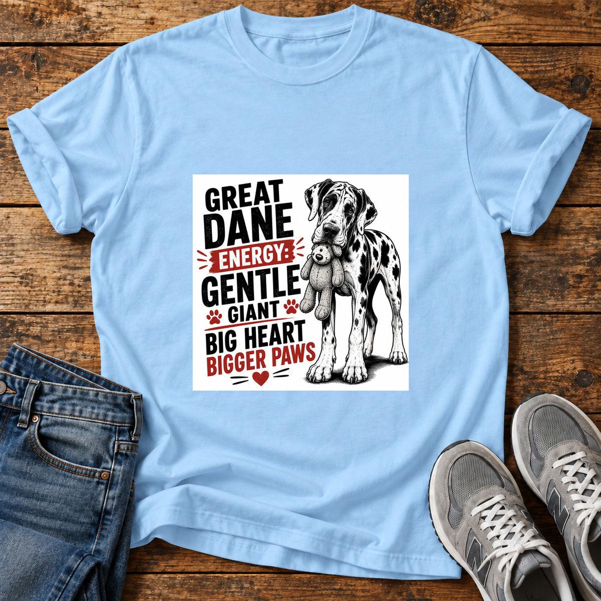 Great Dane Energy graphic T-shirt in Light Blue, shown on a flat-lay shirt mockup