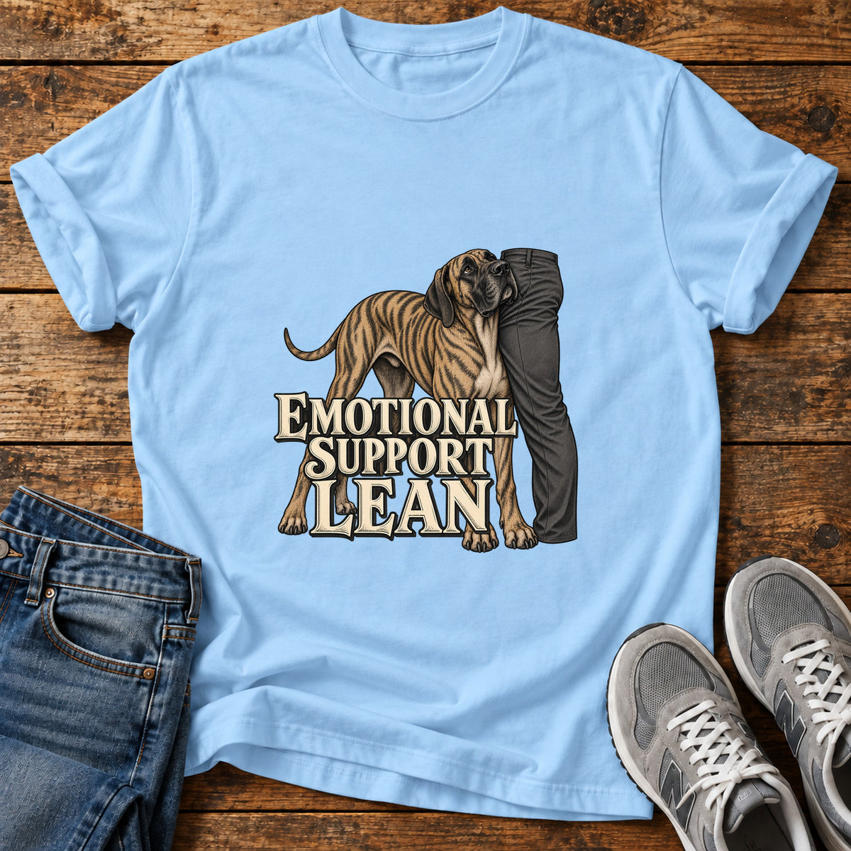 Emotional Support Lean Great Dane graphic T-shirt in Light Blue, shown on a flat-lay shirt mockup