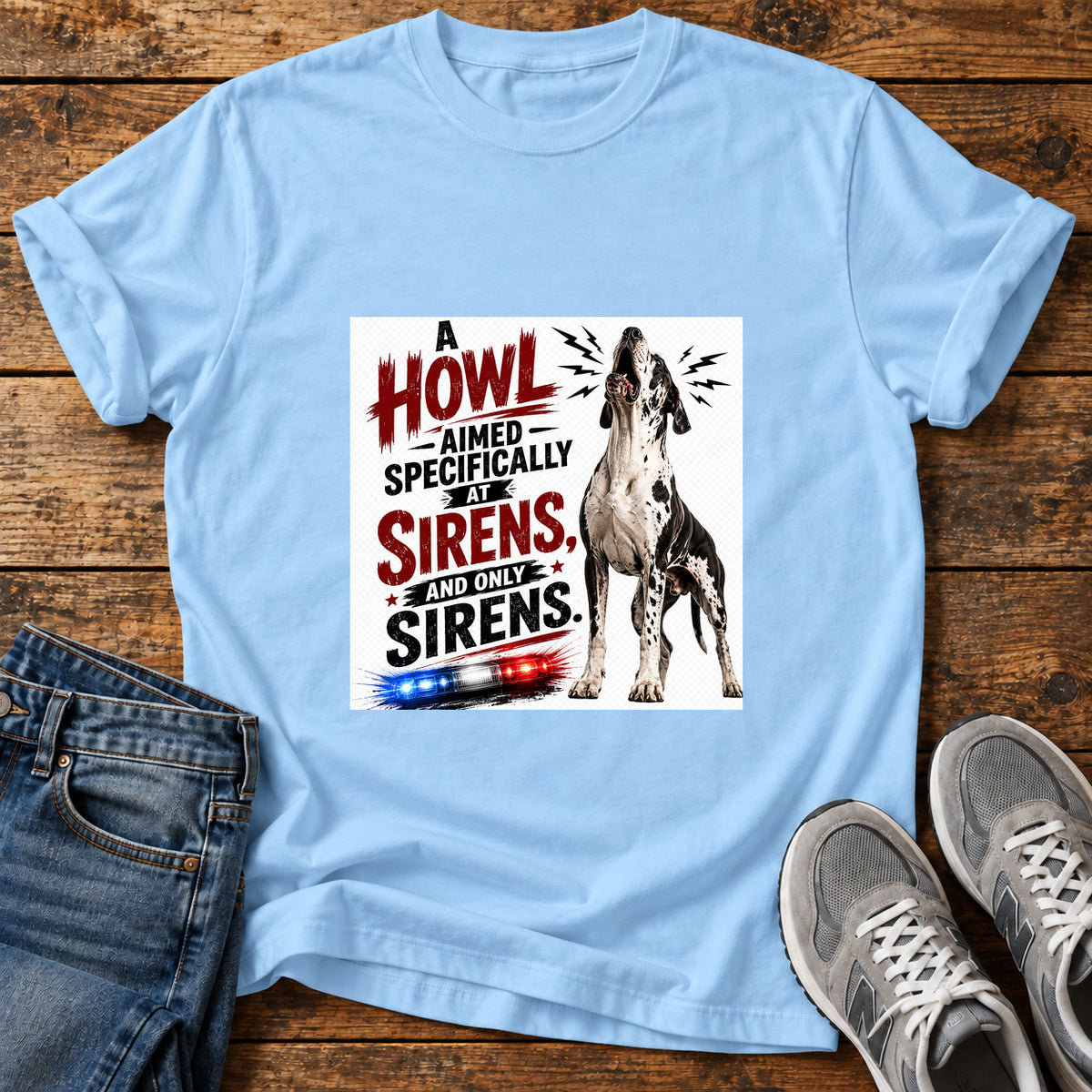 Howl Siren Dog Great Dane graphic T-shirt in Light Blue, shown on a flat-lay shirt mockup