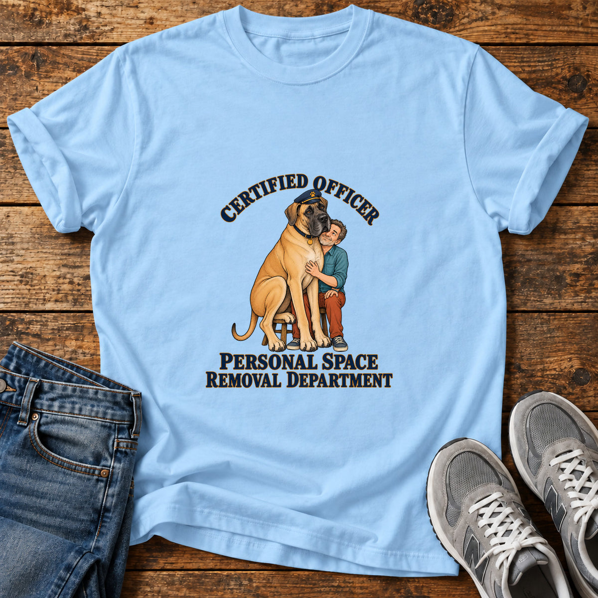 Certified Officer Great Dane graphic T-shirt in Light Blue, shown on a flat-lay shirt mockup
