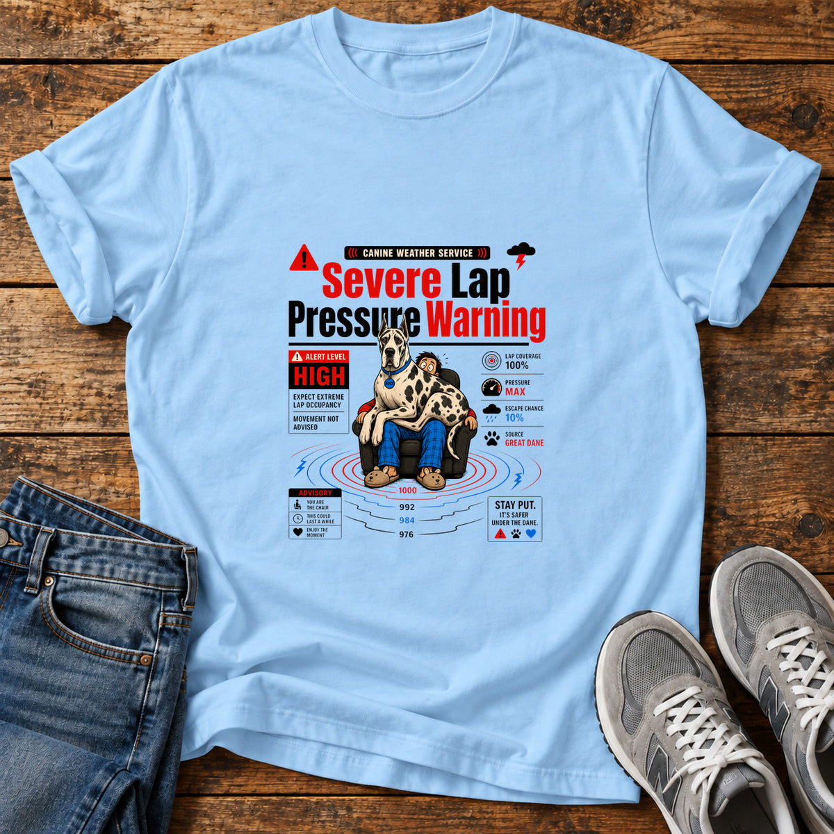 Severe Lap Warning Great Dane graphic T-shirt in Light Blue, shown on a flat-lay shirt mockup