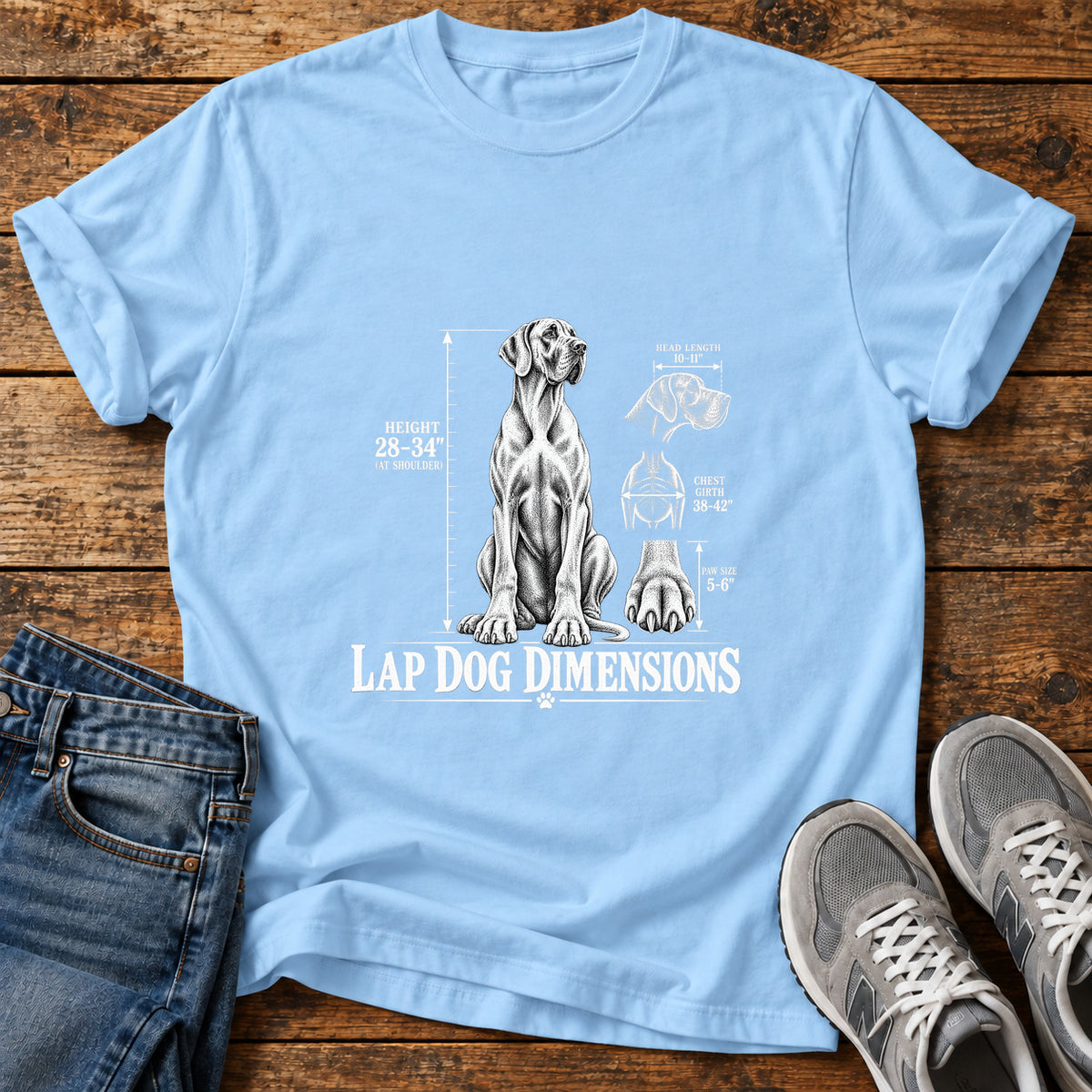 Lap Dog Dimensions Great Dane graphic T-shirt in Light Blue, shown on a flat-lay shirt mockup