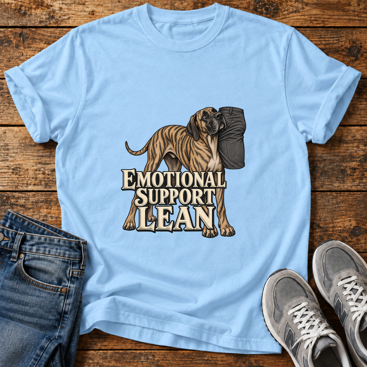 Emotional Support Lean Great Dane graphic T-shirt in Light Blue, shown on a flat-lay shirt mockup
