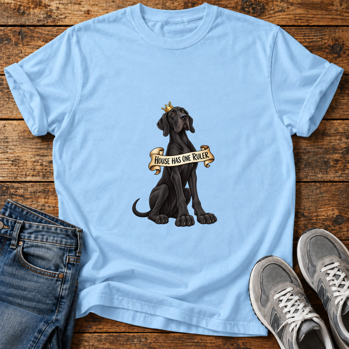 House Ruler Great Dane graphic T-shirt in Light Blue, shown on a flat-lay shirt mockup