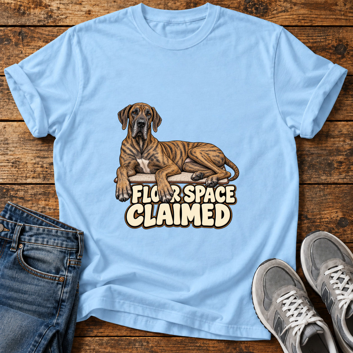 Floor Space Claimed Great Dane graphic T-shirt in Light Blue, shown on a flat-lay shirt mockup