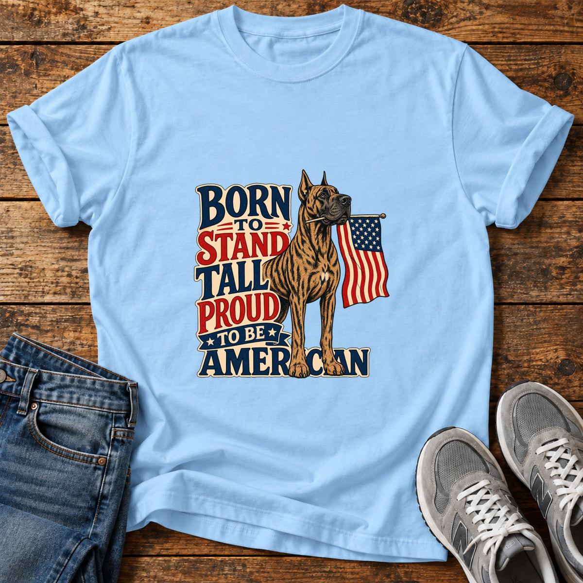 Stand Tall American Great Dane graphic T-shirt in Light Blue, shown on a flat-lay shirt mockup