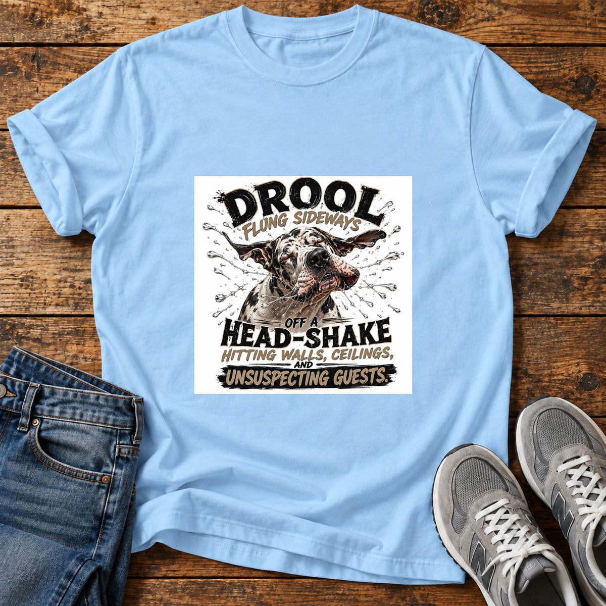 Drool Head-Shake Great Dane graphic T-shirt in Light Blue, shown on a flat-lay shirt mockup