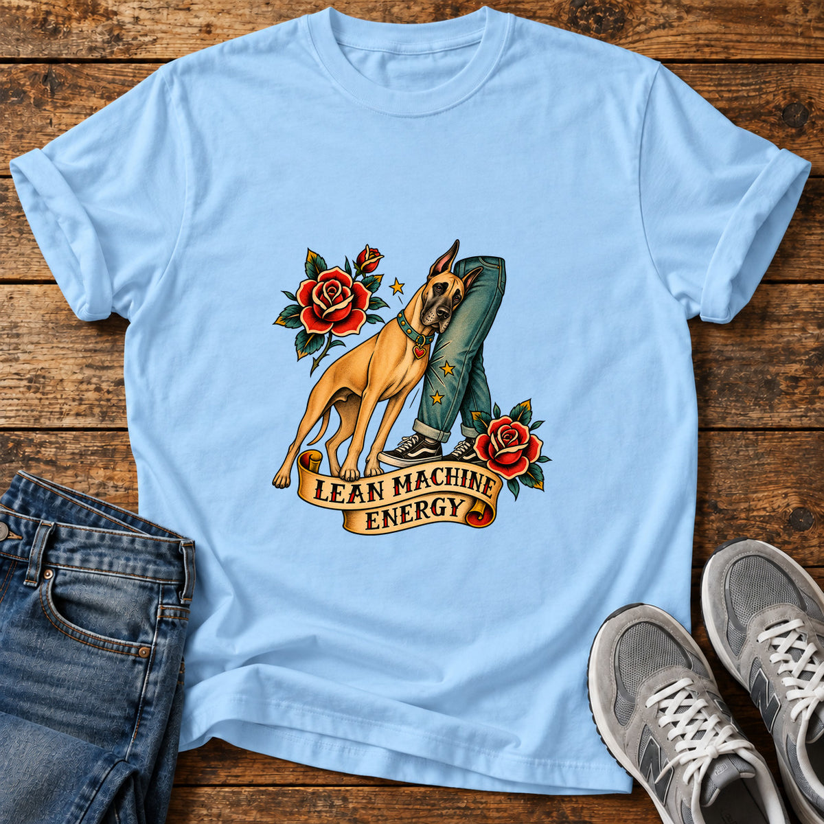 Lean Machine Energy Great Dane graphic T-shirt in Light Blue, shown on a flat-lay shirt mockup