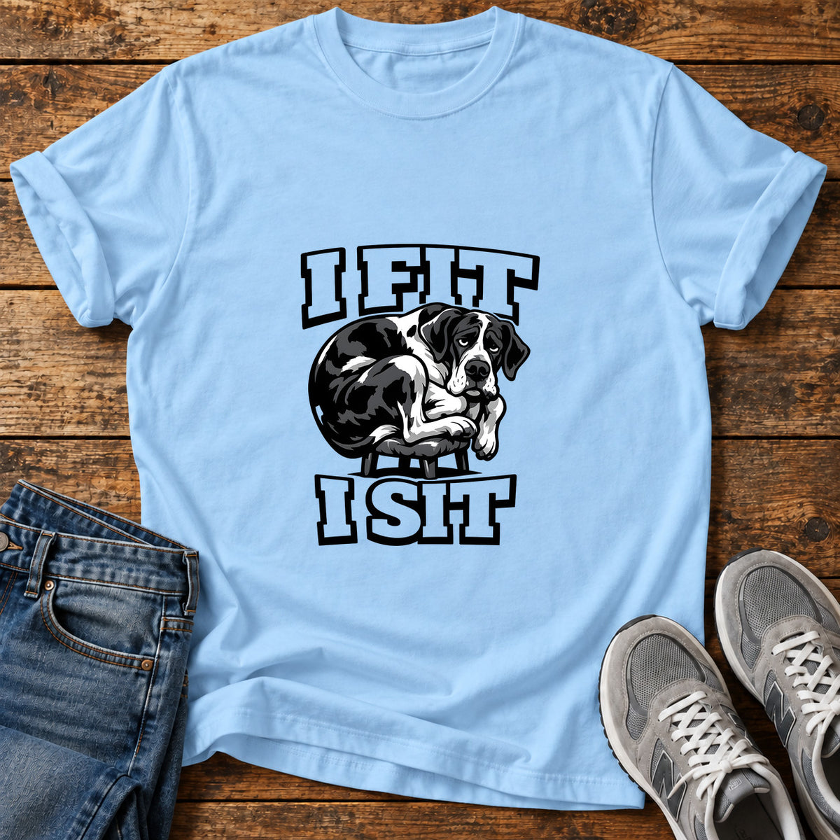 I Fit I Great Dane graphic T-shirt in Light Blue, shown on a flat-lay shirt mockup