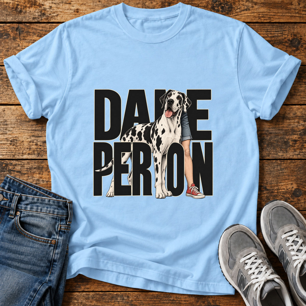 Dane Person Great Dane graphic T-shirt in Light Blue, shown on a flat-lay shirt mockup