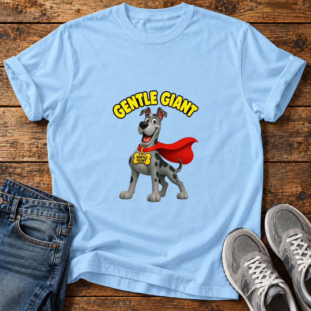 Gentle Giant Great Dane graphic T-shirt in Light Blue, shown on a flat-lay shirt mockup