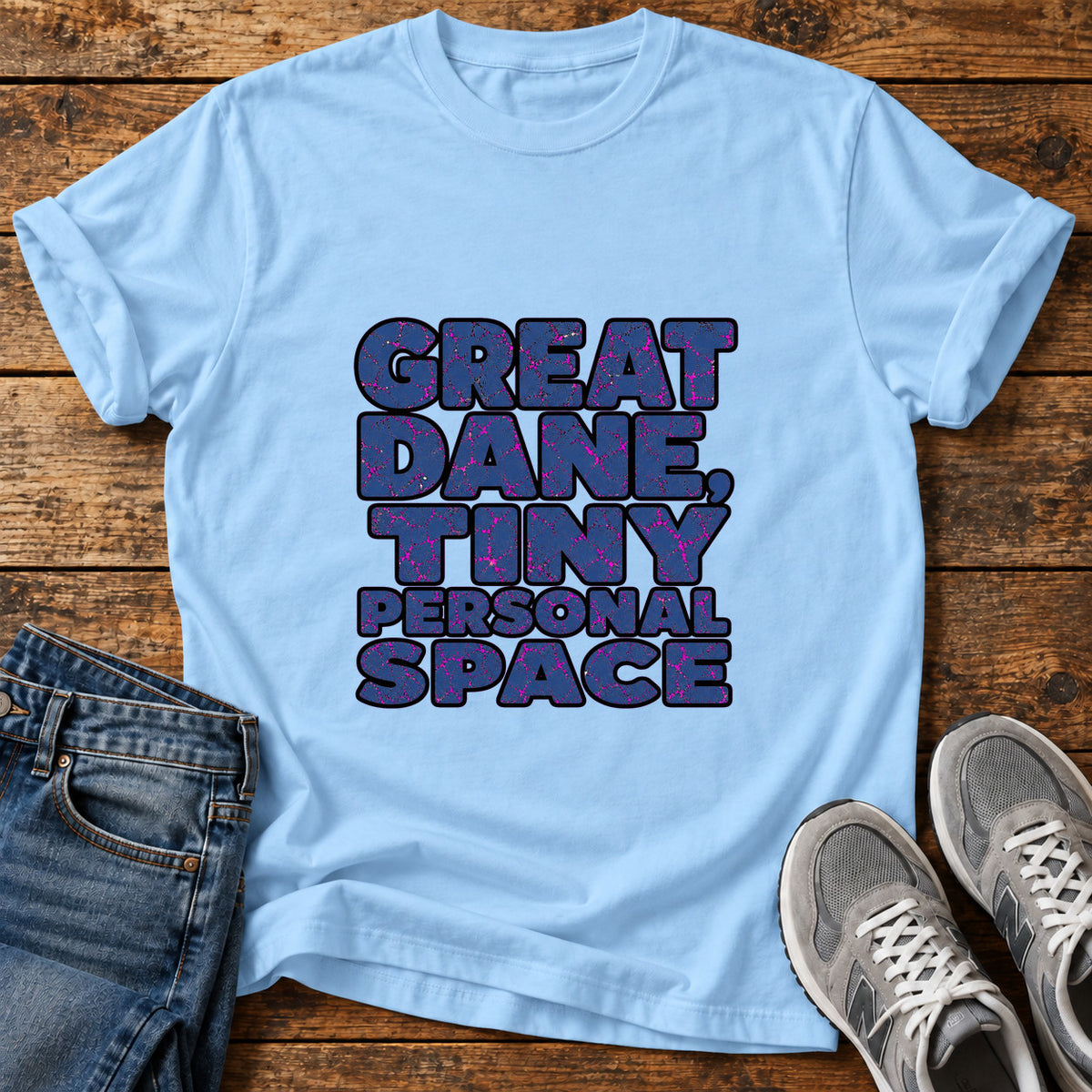 Great Dane Space graphic T-shirt in Light Blue, shown on a flat-lay shirt mockup