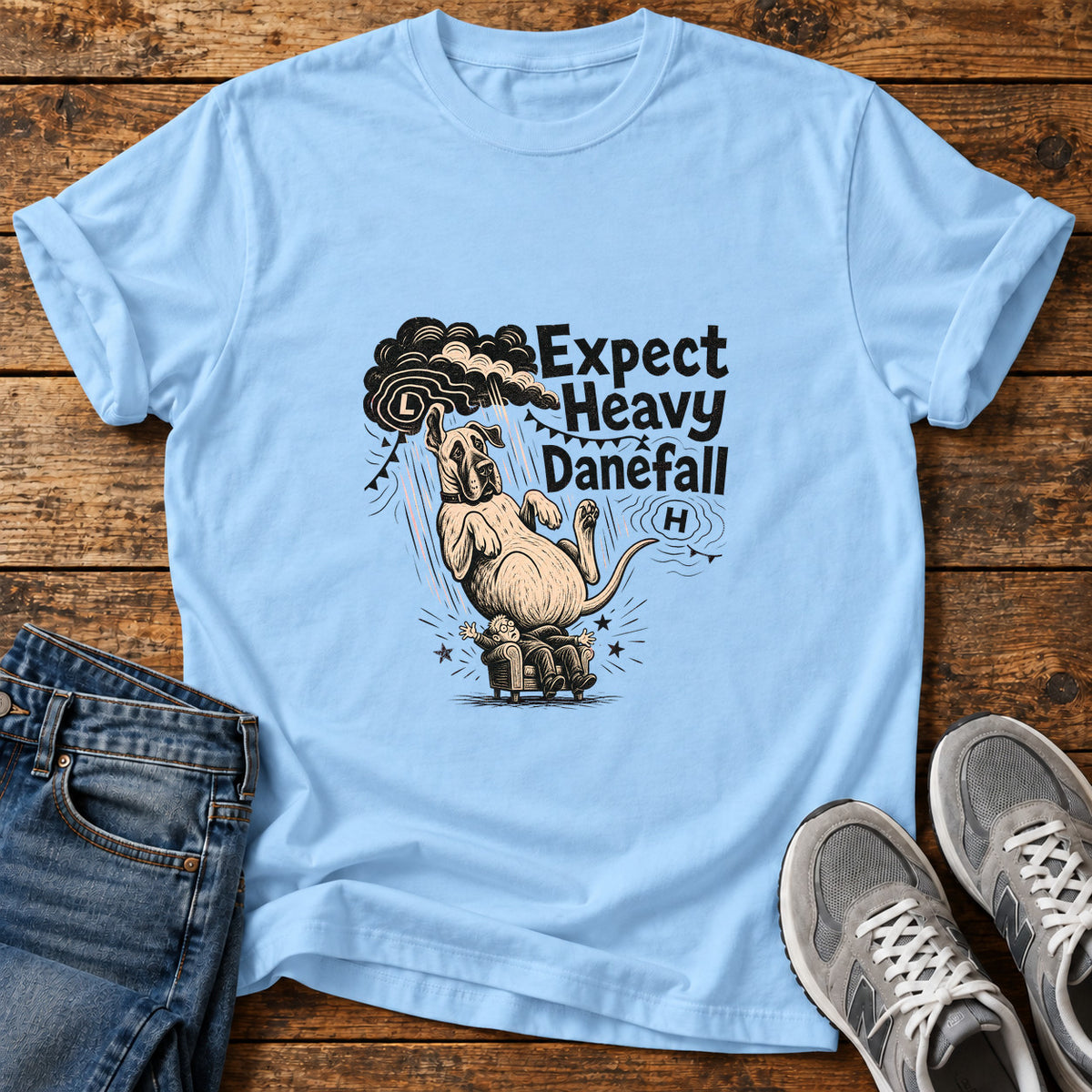 Expect Danefall Great Dane graphic T-shirt in Light Blue, shown on a flat-lay shirt mockup