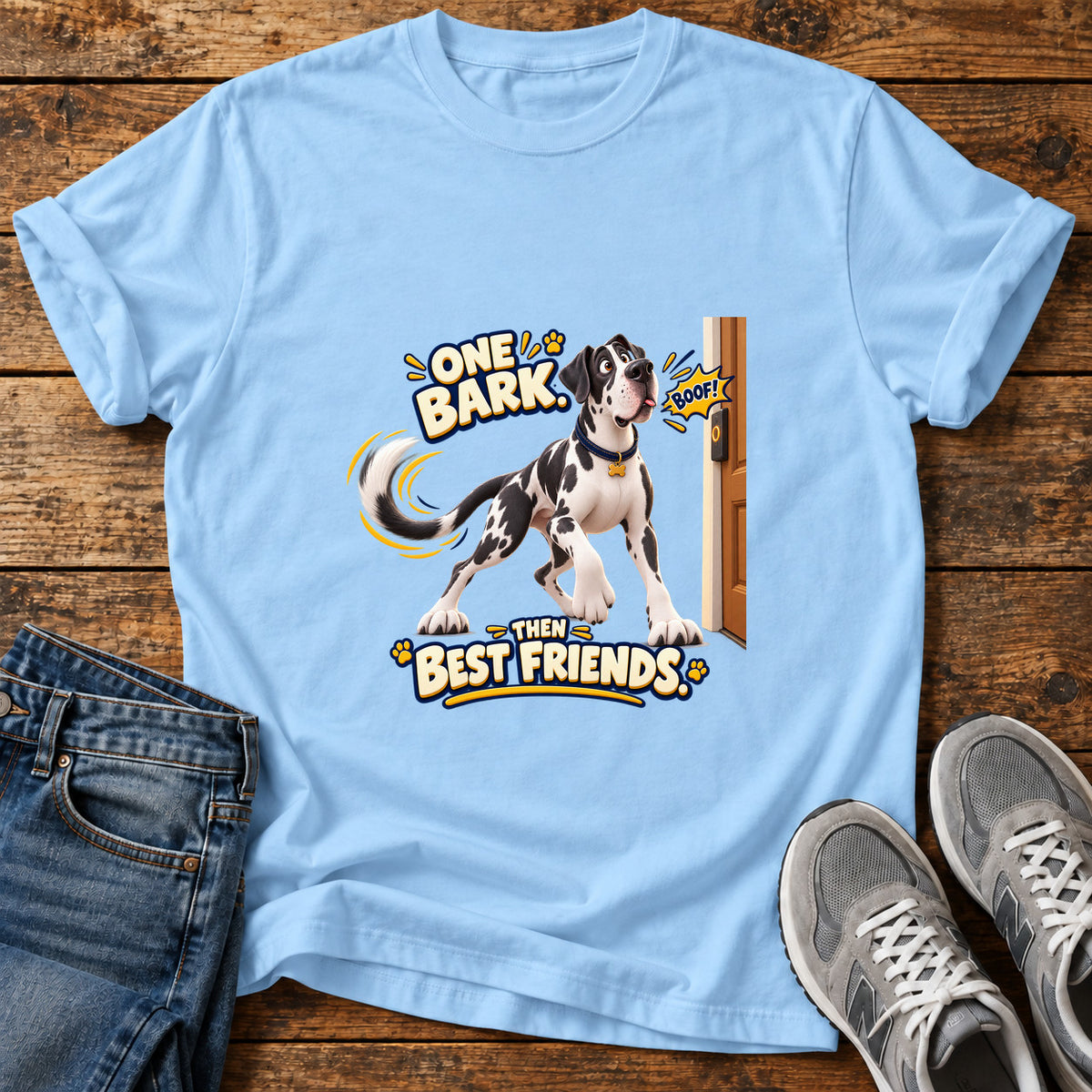 One Bark Pals Great Dane graphic T-shirt in Light Blue, shown on a flat-lay shirt mockup