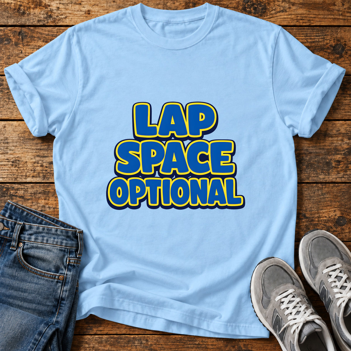 Lap Space Optional Great Dane graphic T-shirt in Light Blue, shown on a flat-lay shirt mockup
