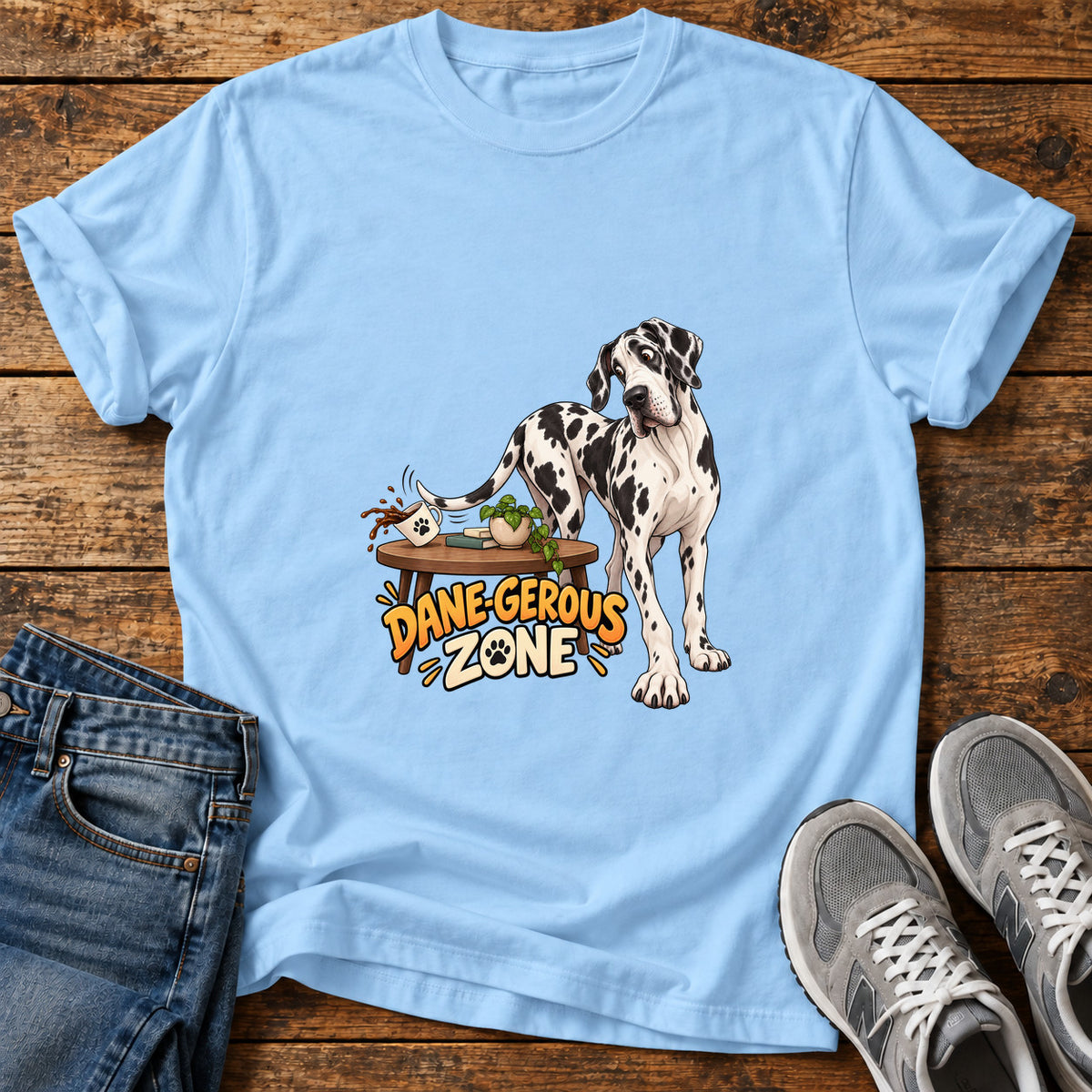 Dane Gerous Zone Great Dane graphic T-shirt in Light Blue, shown on a flat-lay shirt mockup