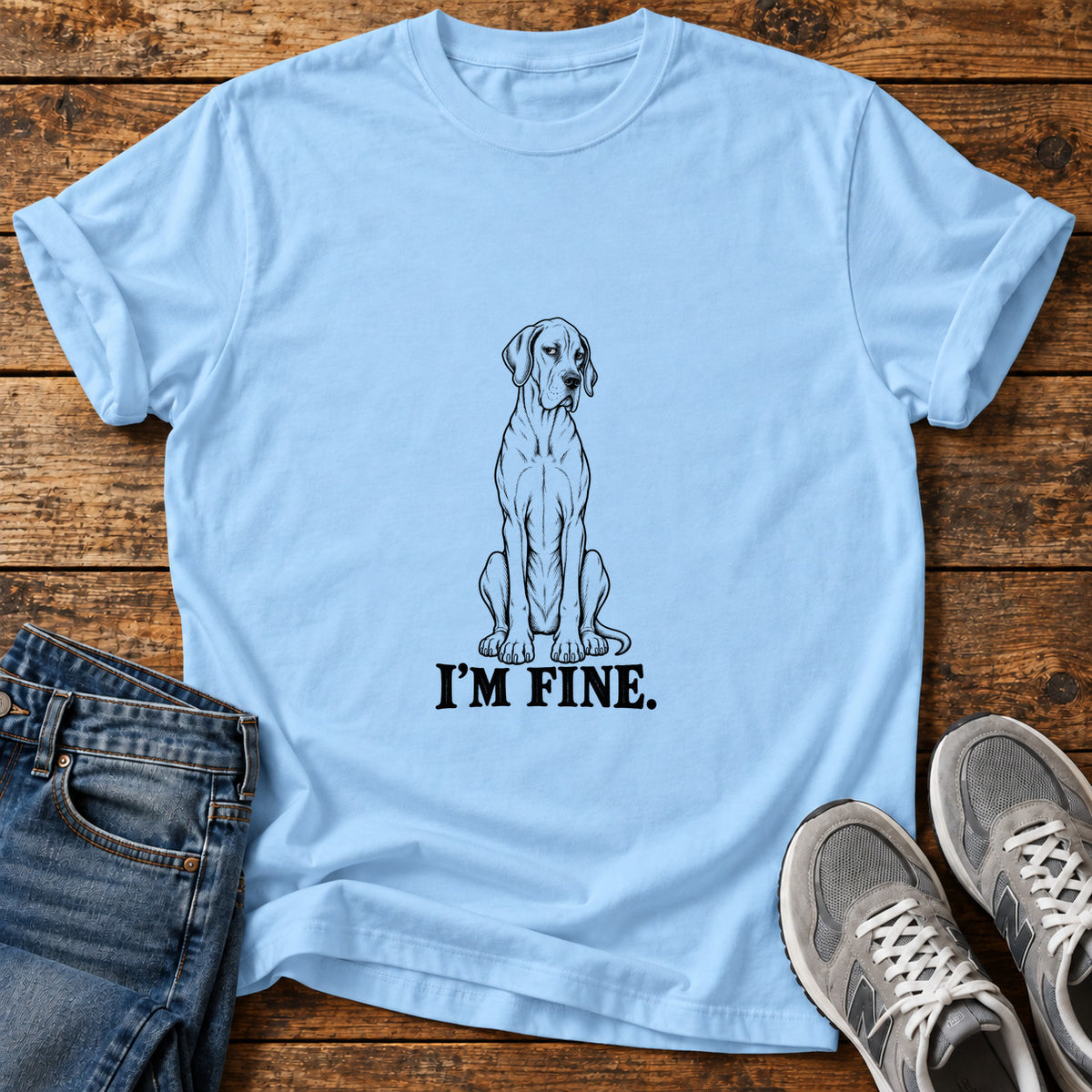 I'm Fine Great Dane graphic T-shirt in Light Blue, shown on a flat-lay shirt mockup