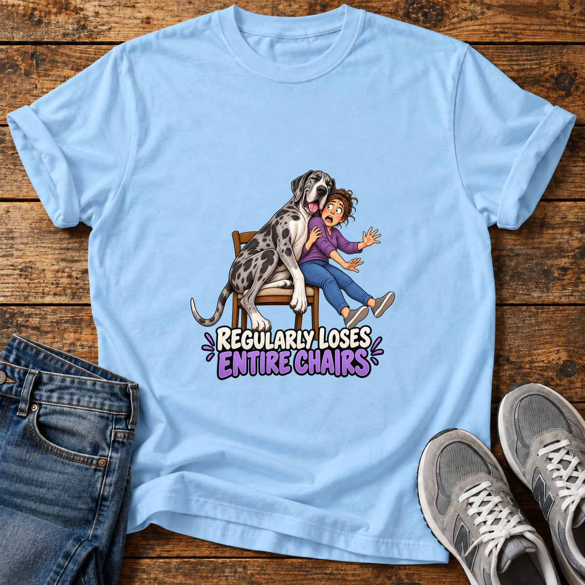 Loses Entire Chairs Great Dane graphic T-shirt in Light Blue, shown on a flat-lay shirt mockup