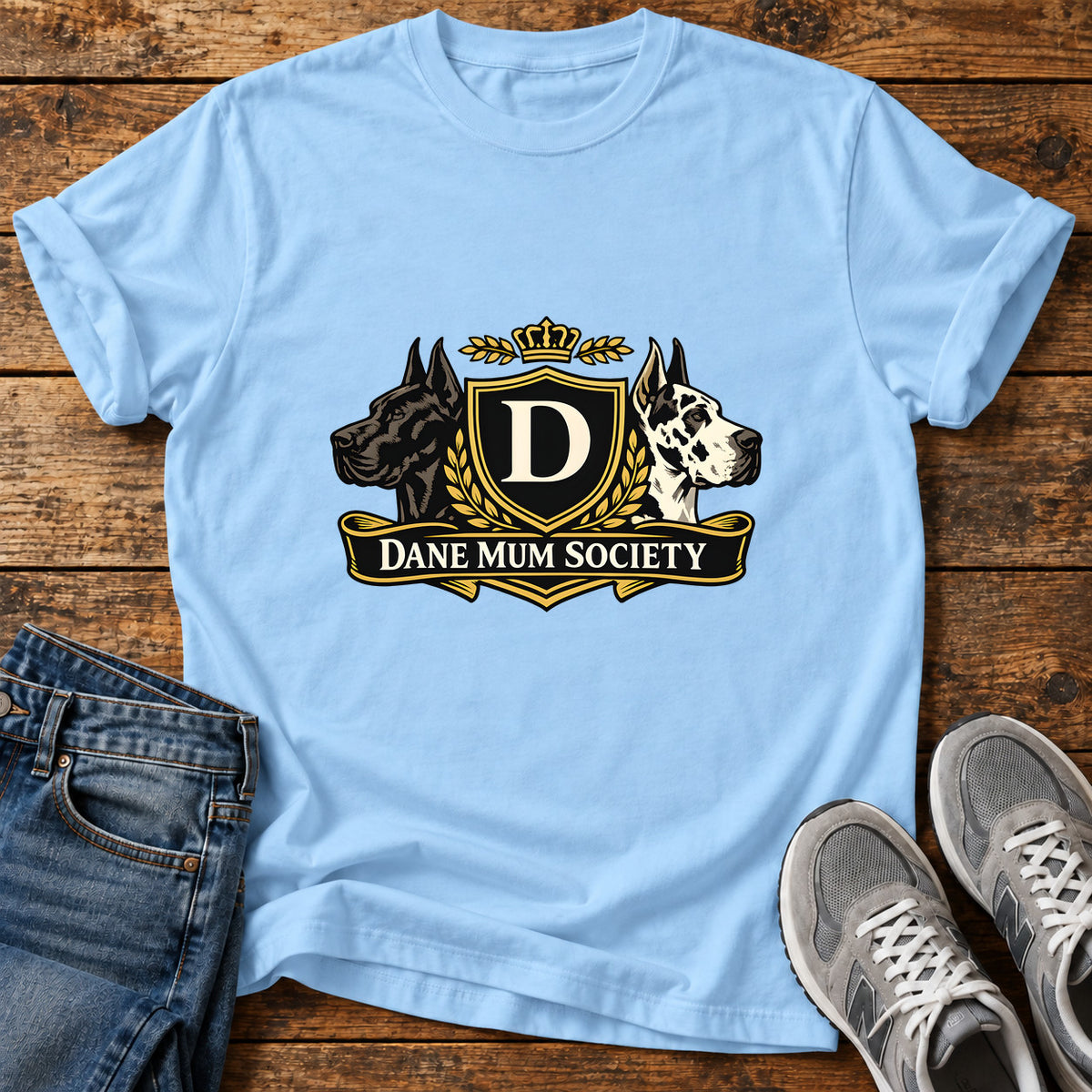 Dane Mum Society Great Dane graphic T-shirt in Light Blue, shown on a flat-lay shirt mockup